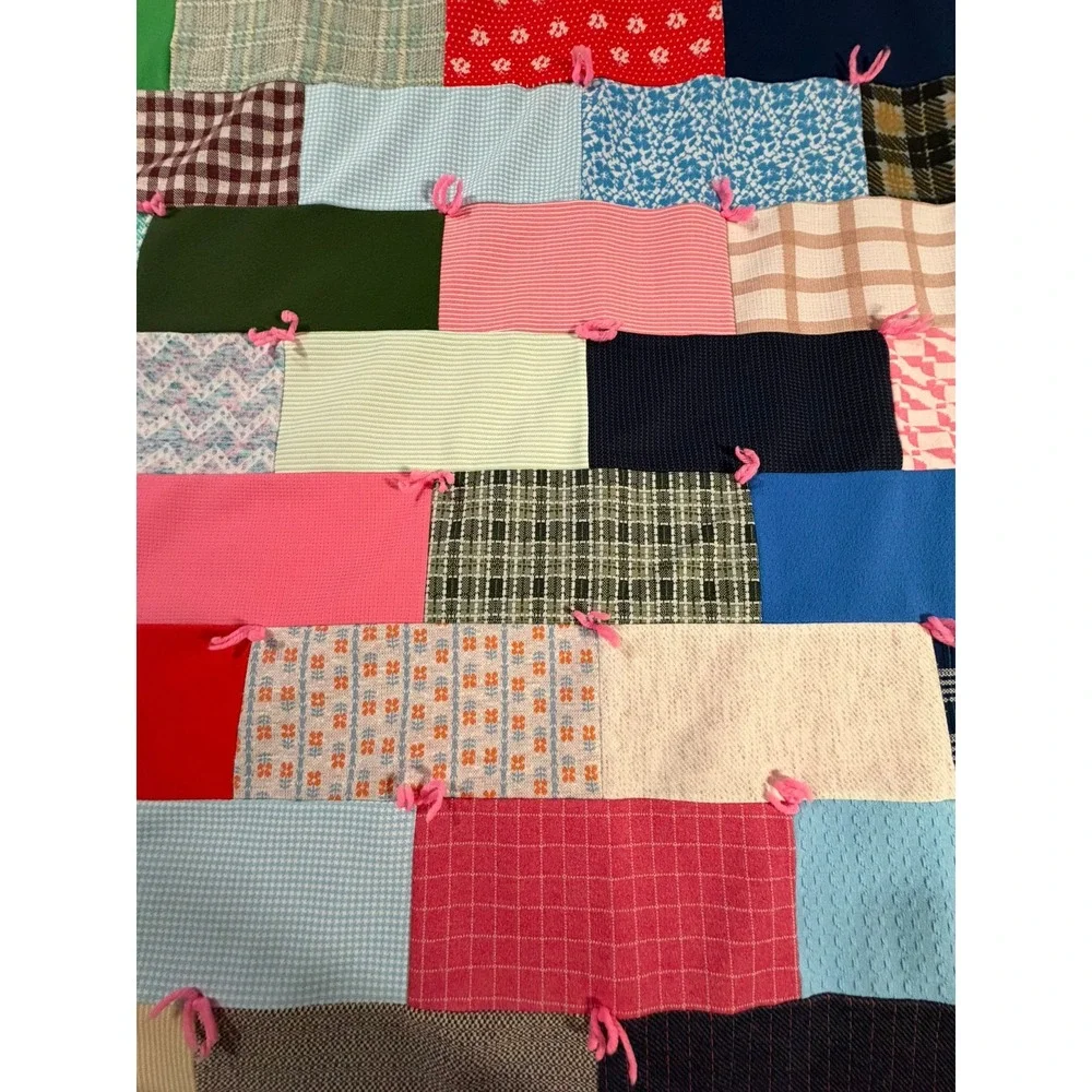 Vintage Handmade Patchwork Tied Quilt Multi Color Scrap Blanket Pink Backing